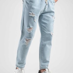 ESTASI Jeans cropped comodo con coulisse in vita e rotture MESSI Azzurro Chiaro