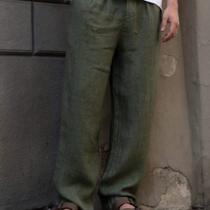 ESTASI Pantalone over in lino con gamba larga ed elastico in vita VINICIUS Militare