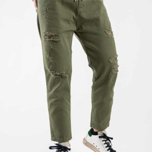 ESTASI Jeans cropped comodo con coulisse in vita e rotture MESSI Verde